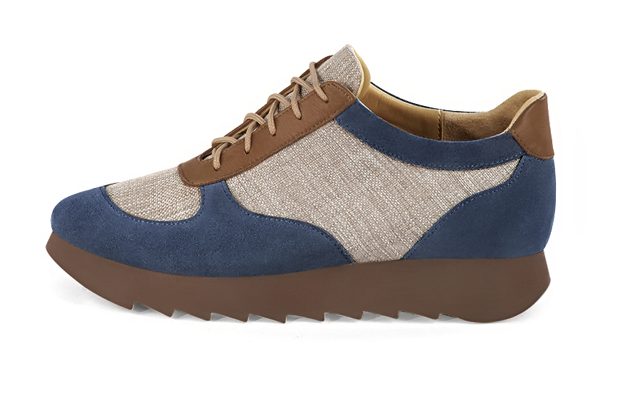 Denim blue, natural beige and caramel brown women's three-tone elegant sneakers. Round toe. Low rubber soles. Profile view - Florence KOOIJMAN